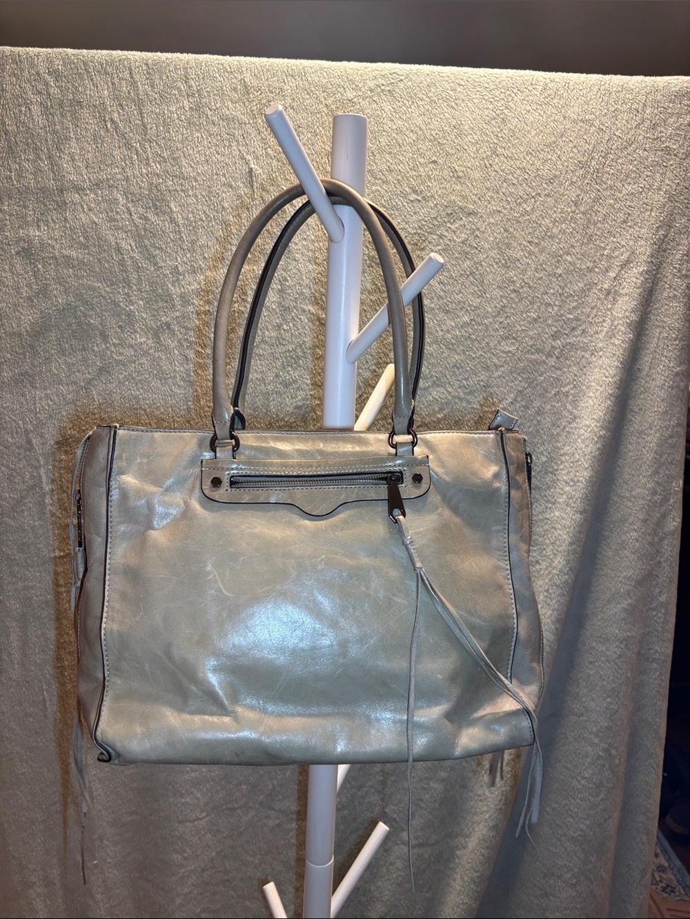 Rebecca Minkoff light Gray/tan Tote Bag expandable sides, leather fringe zip